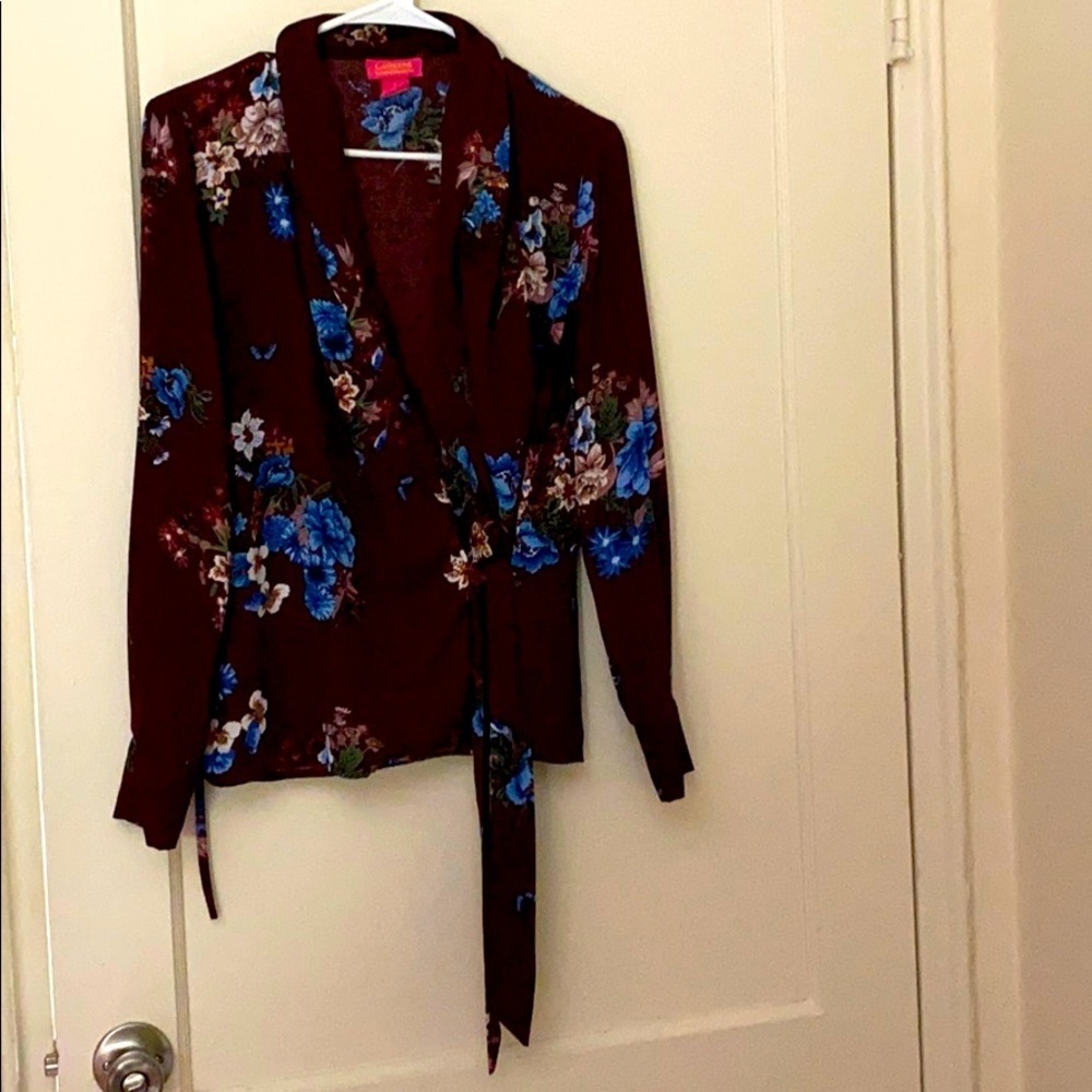 Catherine Malandrino burgundy floral wrap blouse